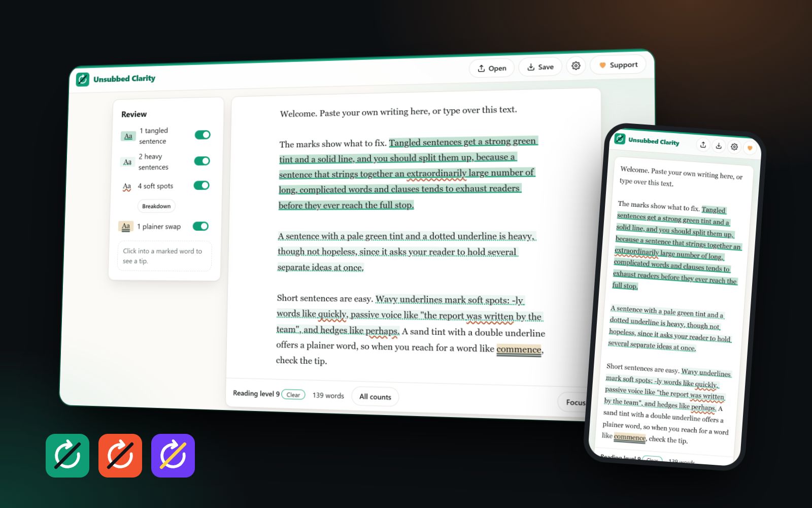Unsubbed Clarity open on a laptop and a phone, highlighting long sentences, with the Clarity, Listen and Script app icons below